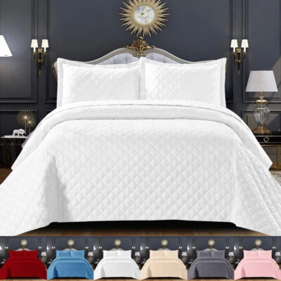 3 Piece Quilted Bedspread Bed Throw Embossed Bedding Set Single Double King Size - Image 1 of 4