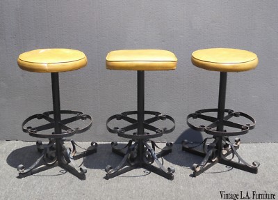 Set of Three Vintage Iron Spanish Style Yellow Bar Stools Mid