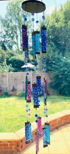 Blue Purple Glass Wind Chime Suncatcher Multicolours with Patterned Glass Window - Picture 1 of 2