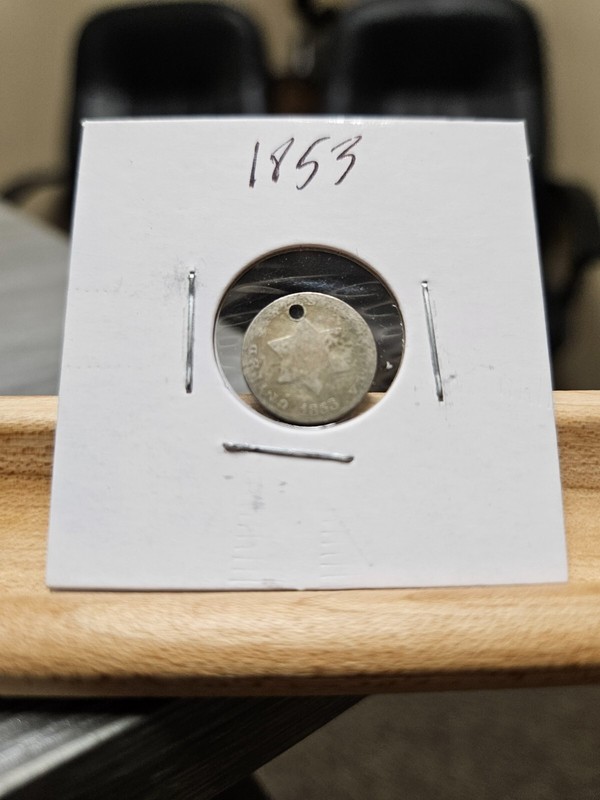 1853 Three Cent Silver Trime 3c Philadelphia Mint Holed