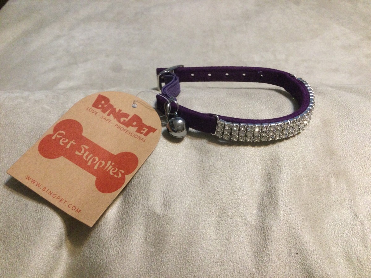 BINGPET Adjustable Purple Cat Collar Diamante/Rhinestone with Bell