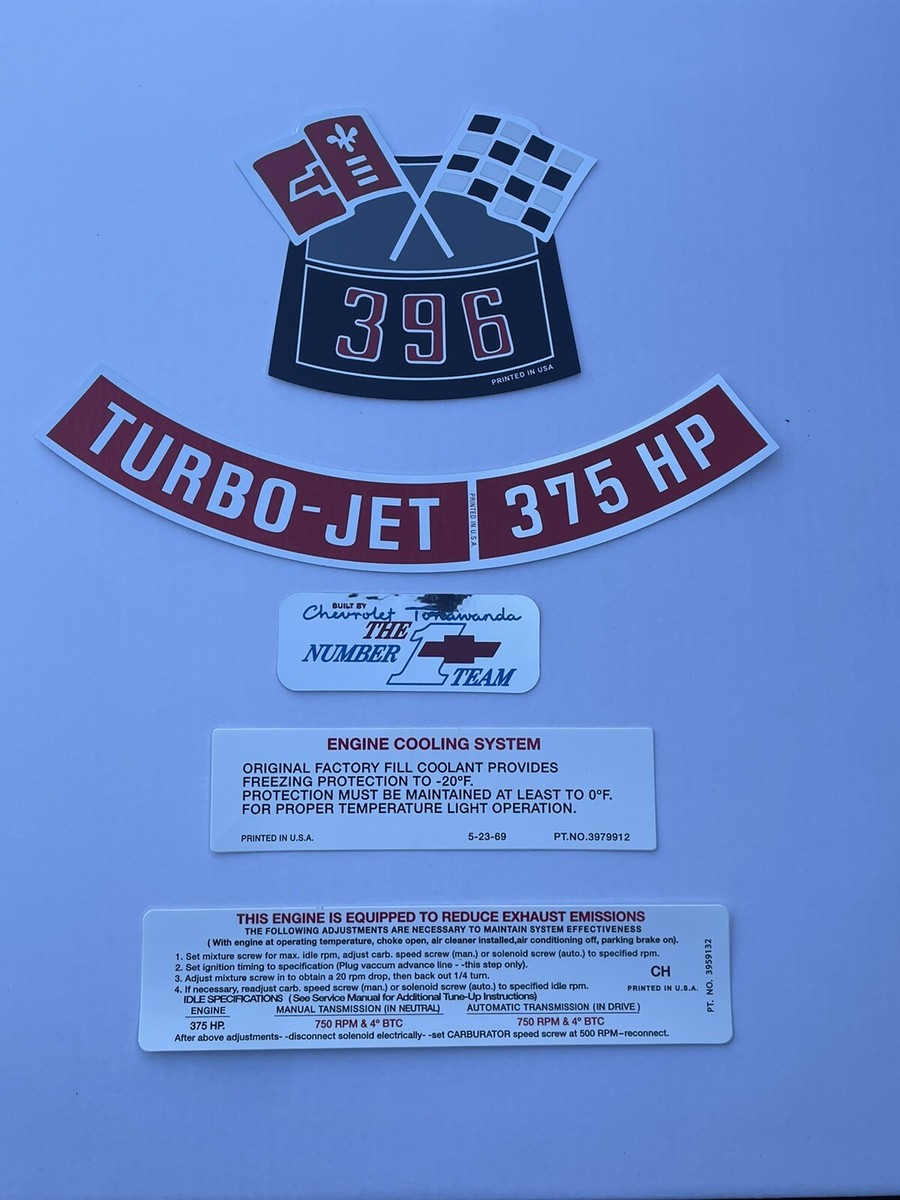 5 decals kit 69 Chevelle 396 / 375 Decals Engine Air Cleaner Valve