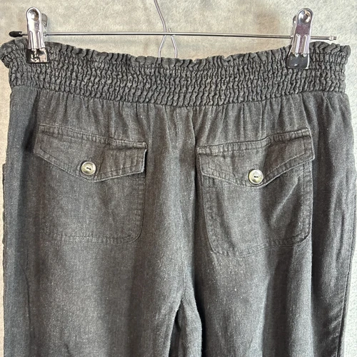 Vintage Wide Leg Pants L Linen Rayon Black Smocked Waist Pockets Minimalist Soft - Picture 14 of 20