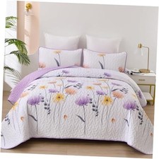 Floral Quilt Set Size,Bedspread Coverlet Botanical 3 Pieces Cute Queen Purple