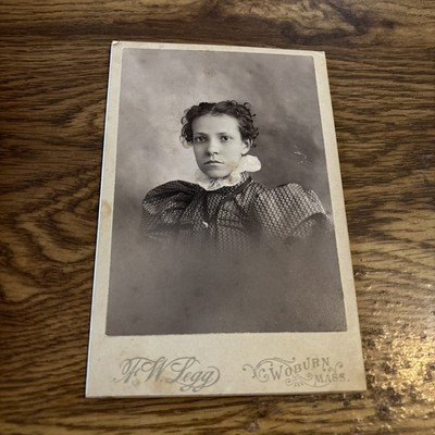 Antique Cabinet  Photo Woman in High Collar Poofy Dress  F.W. Legg Woburn Mass