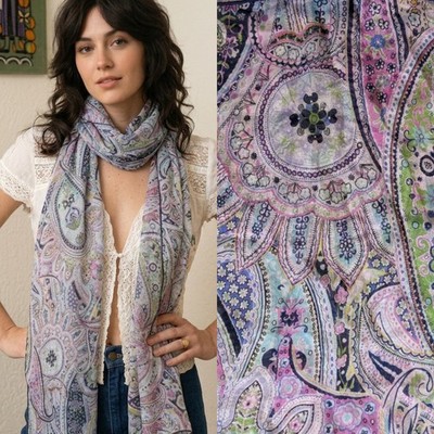 Codello Seide Chiffon rosa blau Blumen Rose Paisley riesiger Schal Stola Vintage 73''