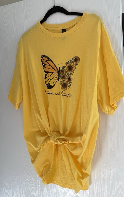 Pretty Bright Yellow Butterfly Design Top With Tie In Front XL