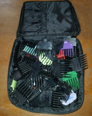 Lot of 42 Assorted Brands and Sizes Hair Clipper Guards in a Wahl Case, Used