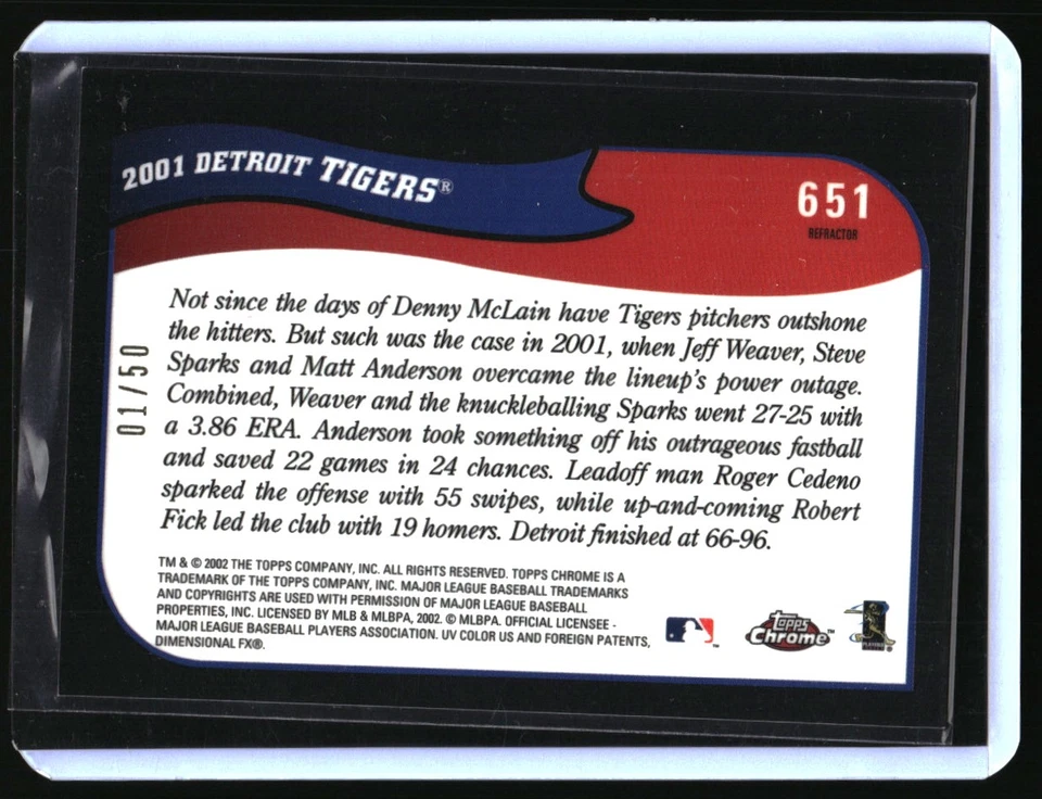 2002 Topps Chrome #651 Detroit Tigers Black Refractors #/50 - NUMBER #1!! - Image 2 of 2
