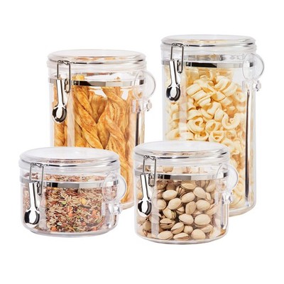 4pc Clear Canister Set with Clamp Lids & Spoons Airtight Food Storage Containers