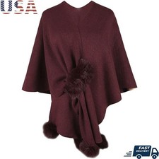 Cozy Super Soft Cape Shawl Elegant Design Faux Fur Pom Perfect Outdoor Wear New