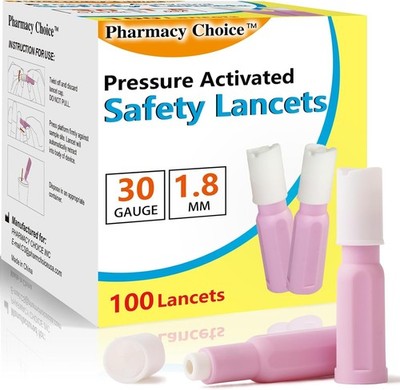 Safety Lancets Sterile Top Push Button Activated Single Use 30G 1.8 mm 100 Pack