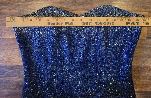 Vintage 90 Lillie Rubin Kleid Damen 12 blau Seide ombre Perlen trägerlos Abendkleid - Bild 4 von 8