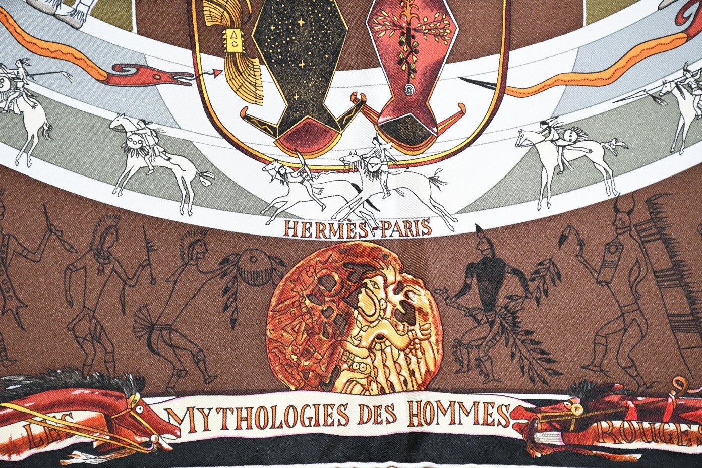 Hermes Scarf Les mythologies des hommes rouges 90 cm silk brown black Carre image 8