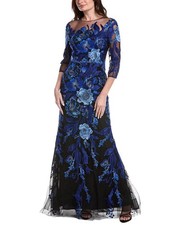 Teri Jon By Rickie Freeman Embroidered Tulle Floral 3/4 Sleeve Gown Women's Blue
