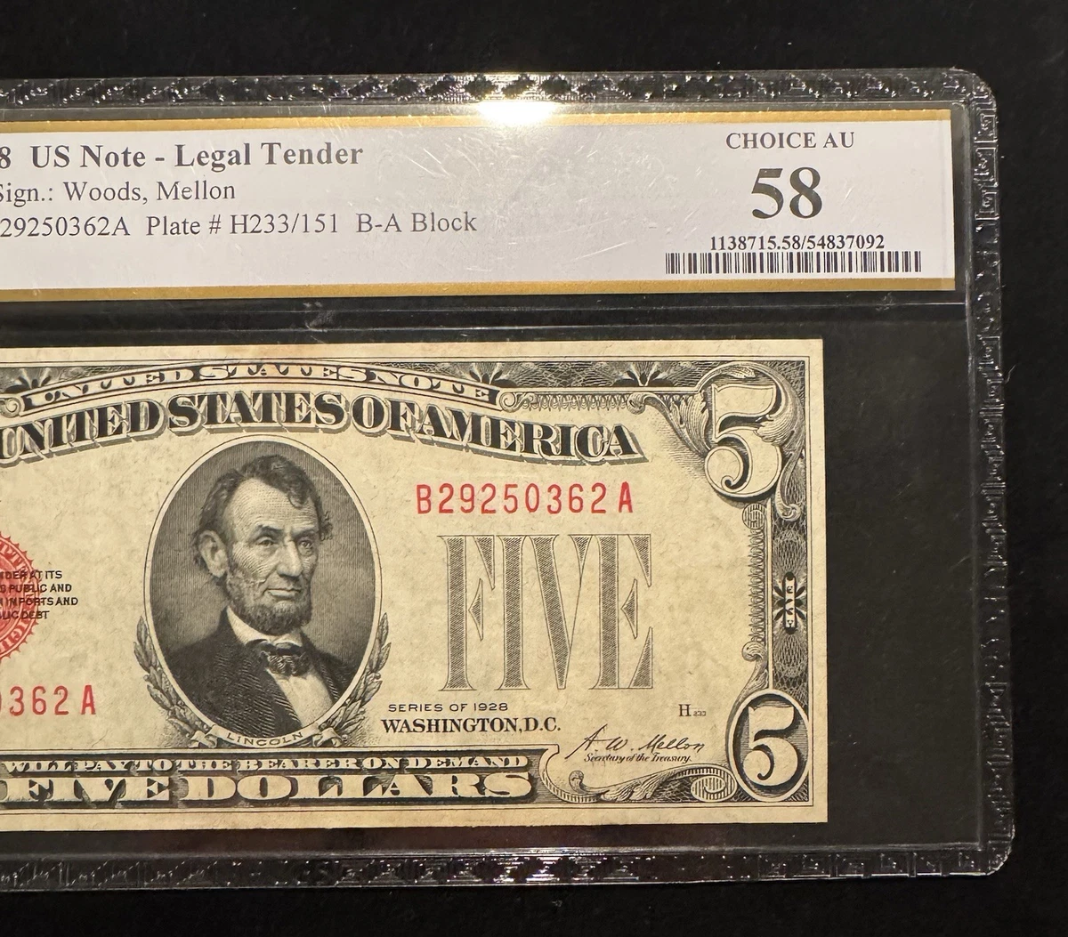 FR。 1530 1928E $5 米国紙幣法定通貨「レッドシール」連続、PCGS 55PPQ、17548｜FR。