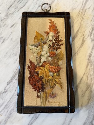Vtg Fall Leaves & Berries Lithograph Artist Robert Laessig Signed Wood Plaque