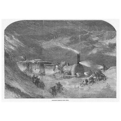 Victorian Railway Train stuck in the Snow - Antique Print 1854