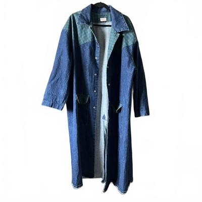 Vtg 80s Men's Long Denim Duster Coat Plaid Cape Handmade