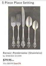 Oneida Renoir Pembrooke Stainless Steel 5-Piece Flatware Set EUC