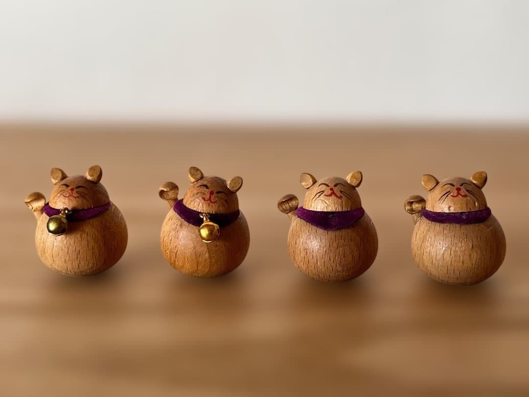 Lucky Cat Nara Oak Wood Wobble Toy with Bell Handmade Unique Decor Used