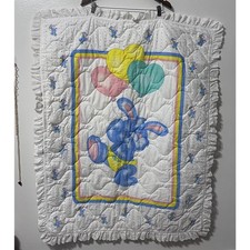 VTG 80s Handmade Baby Quilted Crib Blanket Bunny Holding Balloons Boy Or Girl