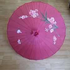 22" Inch Dia Pink Floral Wood Bamboo Nylon Parasol Umbrella Decoration