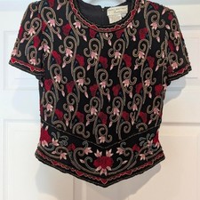 Vintage Papell Boutique 100 Silk Embroidered Beaded Top Black Red Gold S