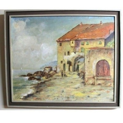 Hermann Ruf. Original Oil Painting on Canvas Italy1948 art signed Villa Seascape