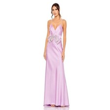 Mac Duggal 68144 Lilac Satin V-Neck Gown with Beaded Bow Detail Size 4 NEW