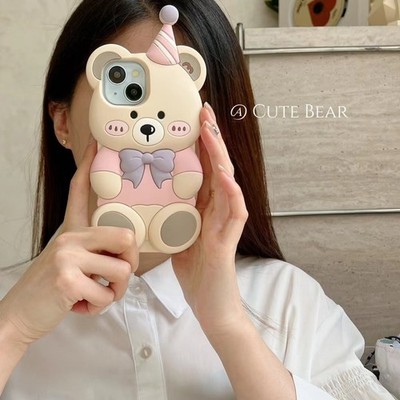 Cute 3D Party Hat Bow Bear Silicone Phone Case for iPhone 12 13 14 15 Pro Max