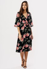 Womens Ladies Black Floral Wrap Midi Dress