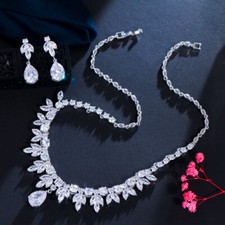 Leaf Drop Dangle Earrings Necklace Silver Plated CZ Crystal Wedding Jewelry Set