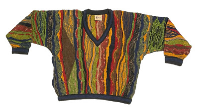 Vintage COOGI Classic Australia Multicolor V Neck 3D Biggie Sweater Genuine Sz L