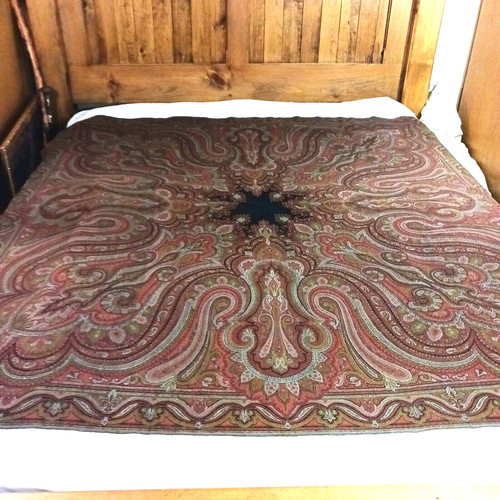Antique Victorian Kashmiri Tapestry Paisley Shawl Tablecloth Coverlet Wool #1
