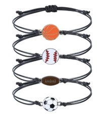 Adustable black cord bracelet with football,baseball,basketball, or soccer charm