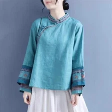 Women Ethnic Embroidered Tops Cotton Linen Shirts Blouse Chinese Frog Button Top