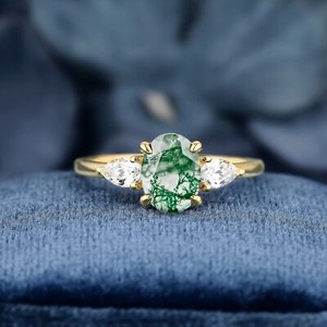 Authentic 3 stone oval cut moss agate engagement ring 14K yellow gold plated art deco ring