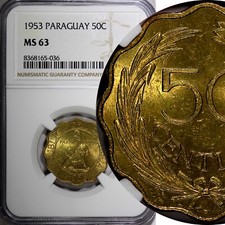 Paraguay Aluminium-Bronze 1953 50 Centimos 25mm NGC MS63 KM# 28 (036)