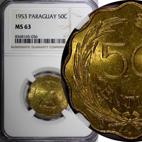 Paraguay Aluminum-Bronze 1953 50 Centimos 25mm NGC MS63 KM# 28 (036)