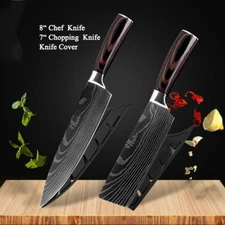 8" Chef Knife German Stainless Steel 7" Cleaver Meat Chopping Kitchen Knives Set