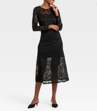 Women's Long Sleeve Midi Lace Dress - A New Day Black Floral - SMALL