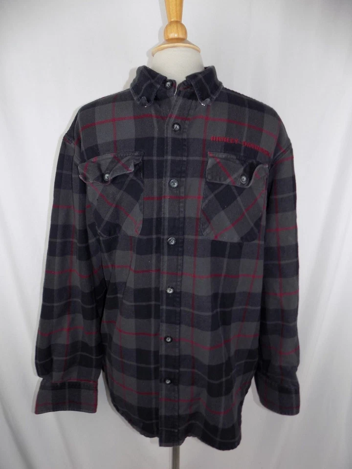 Camisa Harley-Davidson Gris Negro Rojo L/S Franela Botón Talla Mediana Para Hombre  Foto 2 de 4