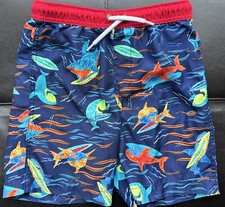 Lands End Swim Trunks Board Shorts Size S 6-7 Boys Sharks Blue Red