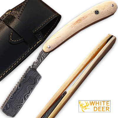 WHITE DEER Custom SHARP Damascus Steel Straight Razor w/ Camel Bone Handle SHAVE