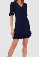 Msk Women's Blue Ruffle-Trim Jersey Knit Unlined Shift Dress Petite Size PXL