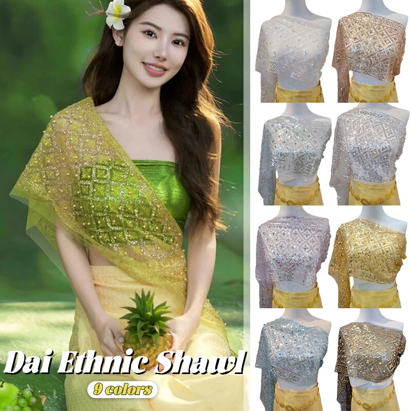 Cuentas de lentejuelas chal de encaje bufanda brillante envoltura de malla turismo étnico cubierta de playa mujeres Foto 2 de 4