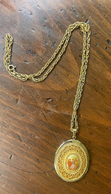 Gold Tone Porcelain Locket Pendant After Fragonard Likely Limoges