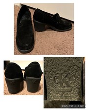 Calvin Klein Vintage 90s Black Suede Loafers 7.5 Square Toe Block Heel READ
