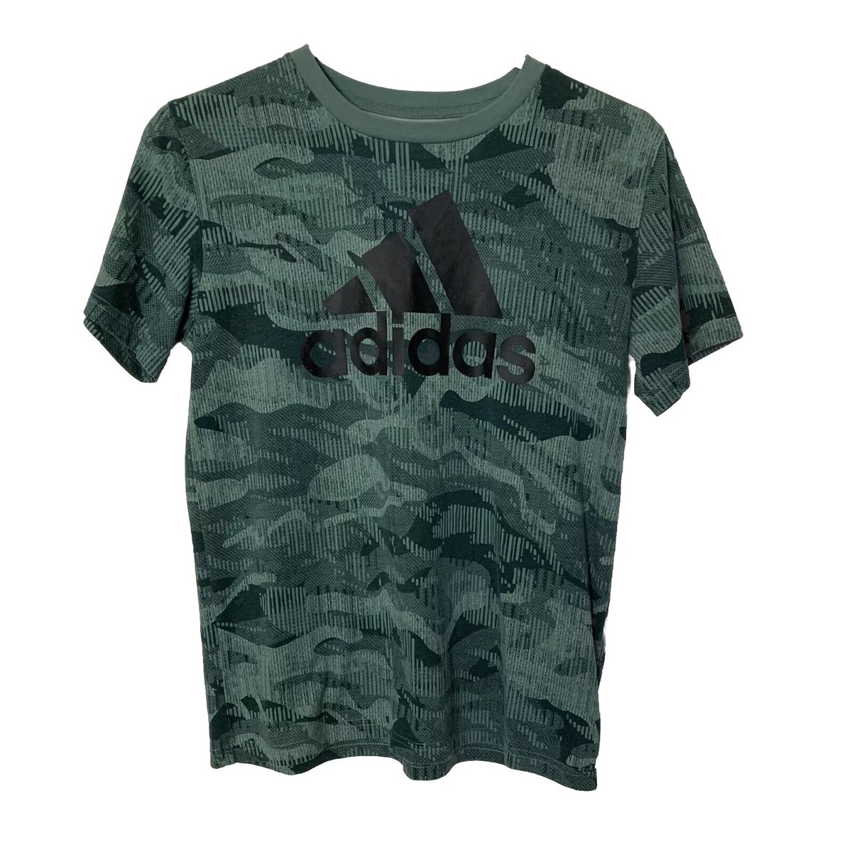 Adidas Boy's Medium 10/12 Tech Emerald Green Camouflage Logo T-Shirt - Main Image